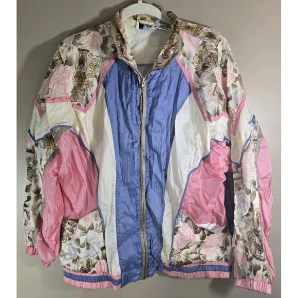 Vtg 80s Bolo Spirit Floral Purple Colorblock Nylon Full Zip Track Jacket Sz XL - Picture 1 of 13